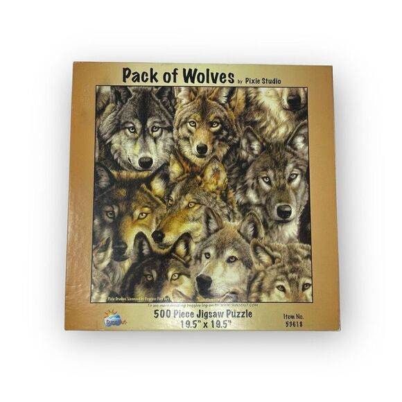 SunsOut Pack Of Wolves 500 Jigsaw Puzzle Pixie Studio 19.5 X 19.5 Used Complete - Picture 1 of 6